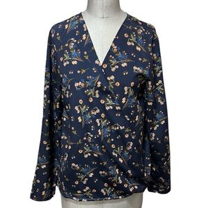 BCBG Generation Dark Navy Floral Long Sleeve Wrap Top Size L